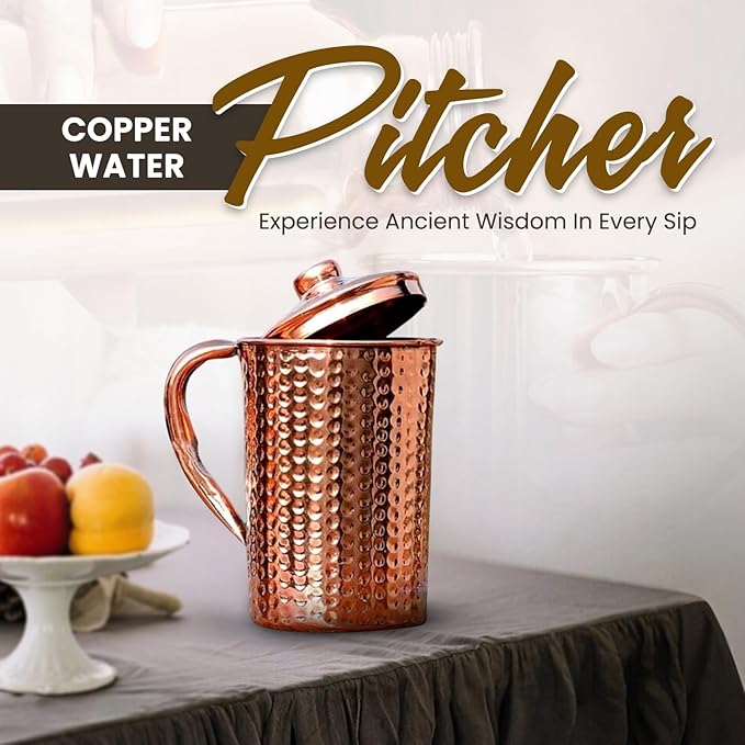 100% Pure Copper Pitcher 50.72 Oz / 1500 ml | Drinking Water Traditional Hammered Pitcher With Lid | Copper Jug Handle Water Bottle | Ayurveda Health Benefits | Serving Water in Daily Use