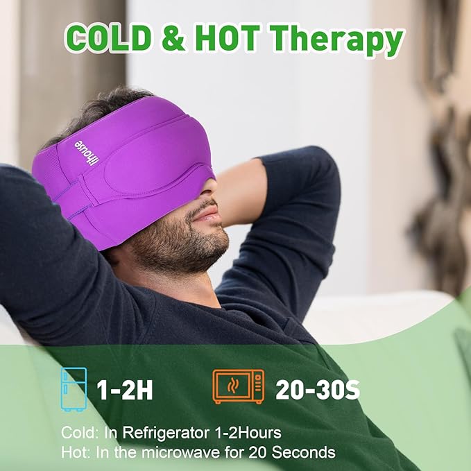 3-in-1 Migraine Relief Cap with Gel Eye Mask & Neck Ice Pack, Hot & Cold Therapy for Headaches, Sinus, Puffy Eyes, Reusable Headache Relief Gifts for Women & Men Black, Large