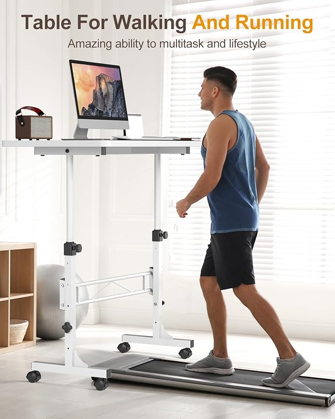 Small Standing Desk Adjustable Height, Mobile Stand Up Desk with Wheels, 32 Inch Portable Rolling Desks Conference Room Tables for Walking Pad Treadmill Pure White