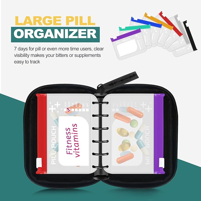 Water-Proof Pill Pouch Set， Large Pill Organizer, Pill Loose-Leaf Storage with Color-Coded Medicine Pouches,BPA Free, Reusable Travel Medicine Organizer， Zippered Pill Organizers Weekly