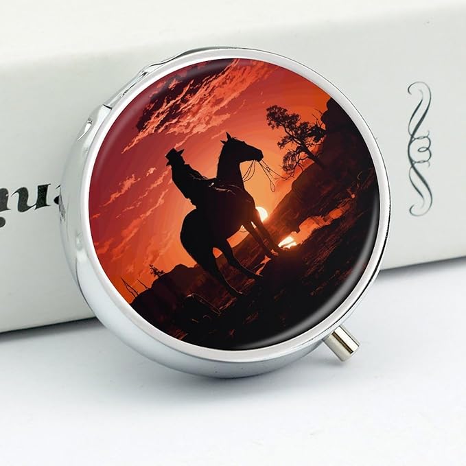 Round Metal Pill Box,Cowboy West Printed Travel Pill Organizer Portable Pill Container Small Pill Box for Purse and Pocket for Storing Vitamins, Medicines and Supplements