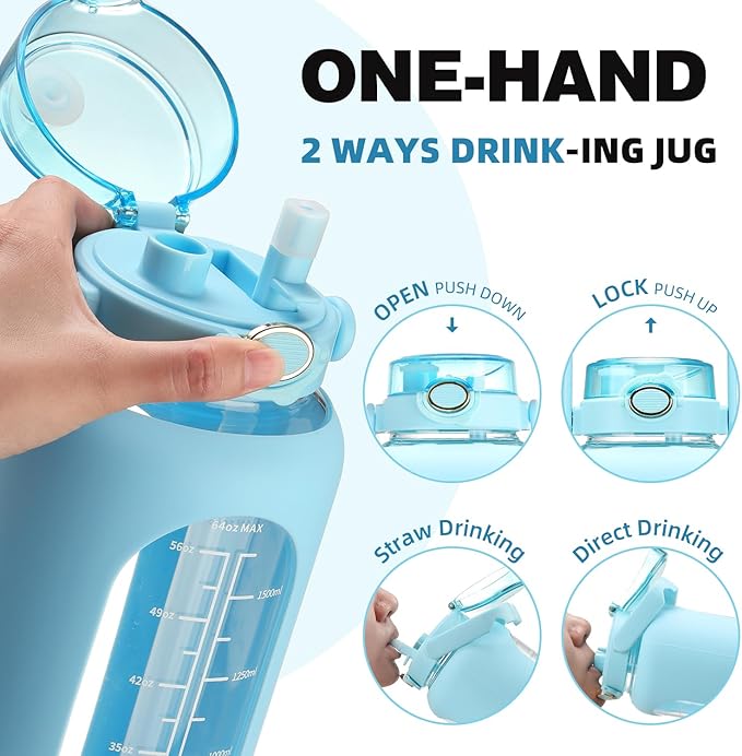Glass Water Bottle with Straw and Handle Lid Half Gallon Motivational Glass Bottle with Silicone Sleeve and Time Marker Large Reusable Sports Water Jug for Gym Home Workout