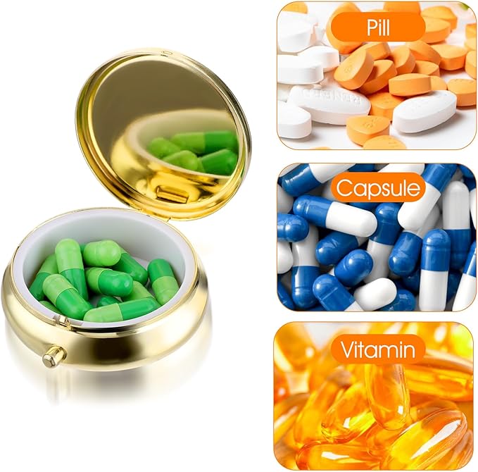 Pill Box Cute Small Pill Box for Purse & Pocket Medicine Organizer Travel Pillbox Waterproof Pill Case Metal Pill Container Holder for Vitamins, Fish Oil, Supplements(Gold)