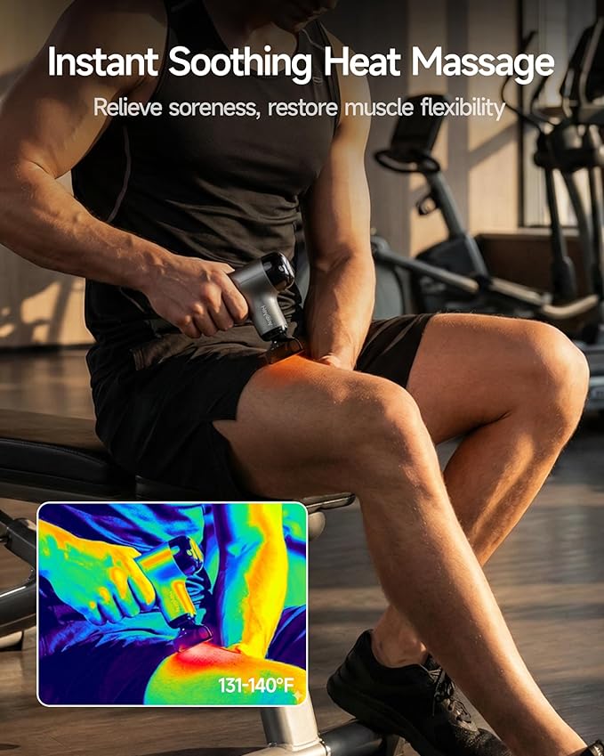 Mini Massage Gun with Heat, Deep Tissue Massage Gun, Portable Percussion Muscle Massager with 4 Massage Heads for Athletes