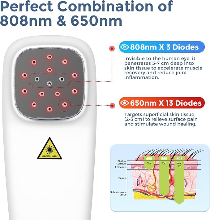 Red Light Therapy Device for Shoulder Back Knee Joint Muscle Pain Relief, 13pcs x 650nm + 3pcs x 808nm, 4 Power + 4 Timer, Handheld Cold Laser Therapy Device for Dogs Pet Horse