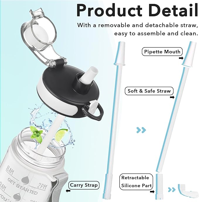 Enerbone Water Bottle, Leakproof BPA & Toxic Free, Motivational Water Bottle with Times to Drink and Straw, Fitness Sports Water Bottle with Strap for Office, Gym, Outdoor Sports