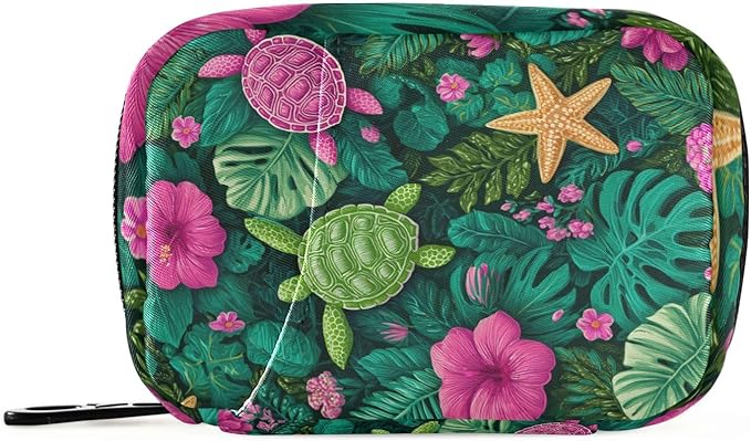 Turtles Starfish and Monstera Leaves Travel Pill Organizer Case Box Container Weekly Portable Vitamin Medicine Holder Storage Bag with Zipper Removable