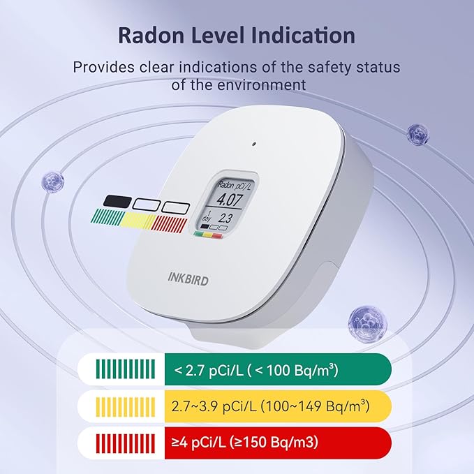 INKBIRD Radon Detector for Home, Ink-RD3 Portable Radon Tester for Home with Long & Short Term Monitoring, E-Ink Display & 2-Year Battery, Alpha Spectrometer Sensor, PCi/L & Bq/m³ Units Switchable