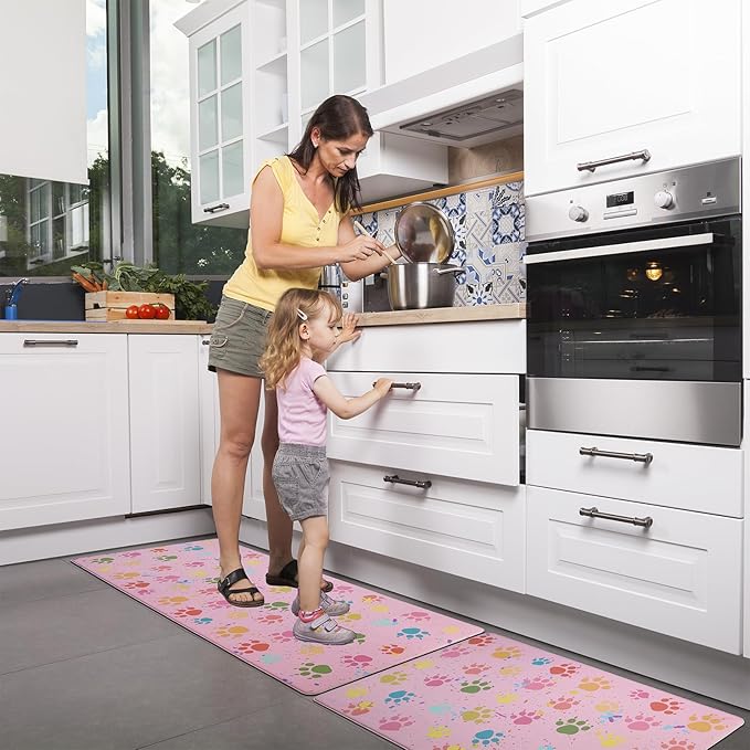 Pink Kitchen Mat Cushioned Anti-Fatigue Floor Mat,Waterproof Non-Skid Kitchen Mats and Rugs Heavy Duty Comfort Standing Mat for Home, Office, Sink, Laundry, Colorful Paws