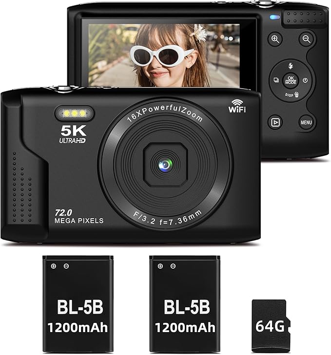 T TAKMLY Digital Camera 5K, Autofocus 16x Zoom 72MP Point and Shoot Cameras Compact Portable with Flash for Boys Girls Teens Students, Anti Shake 2.8'' Screen, 64GB Card Include