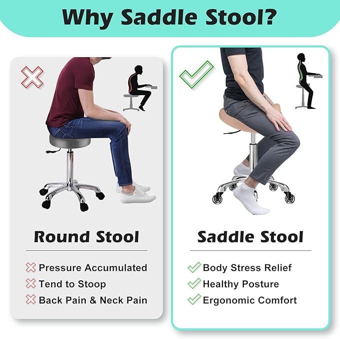 Saddle Stool with wheels Ergonomic - Heavy Duty 400lbs, Upgraded Thick Saddle Cushion, Healthy Posture Correction, Swivel Adjustable Rolling Saddle Stool, Saddle Chair for Salon Massage Home (Brown)