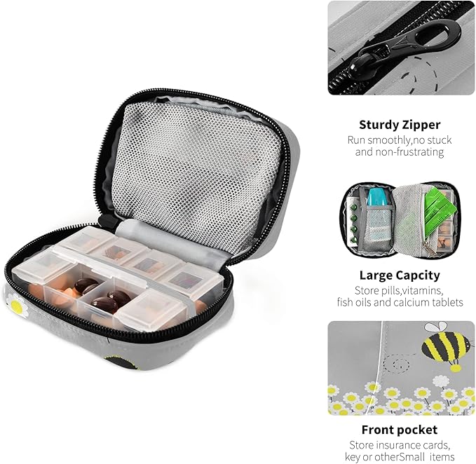 Cartoon Daisy Bee Pill Box 7 Day Pill Case Travel Pill Organizer Bag with Zipper Portable Weekly Case Compact Size for Vitamin Supplement Holder