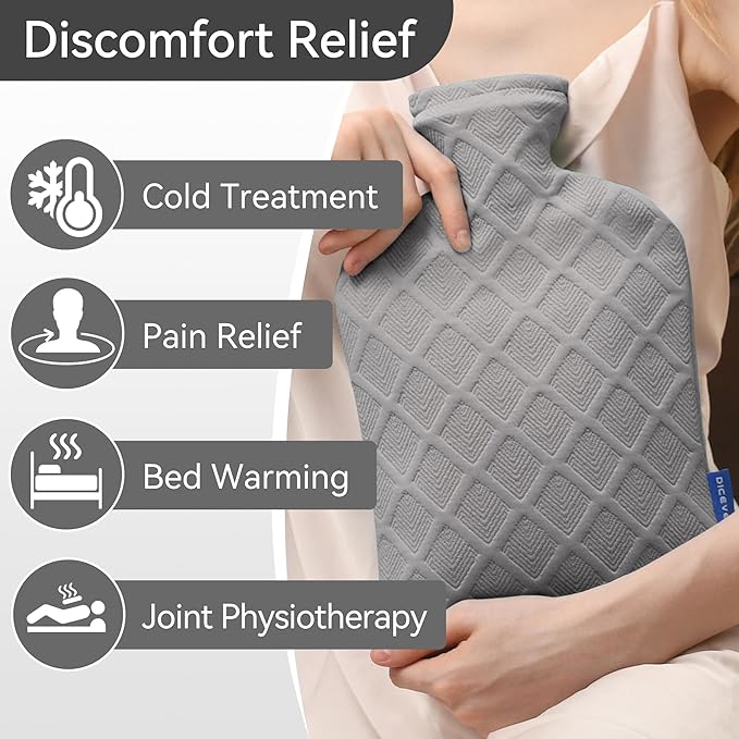 Hot Water Bottle with Soft Cover, 2L Hot Water Bag, Hot and Cold Therapies for Sore Muscles, Menstrual Cramps, Neck and Shoulder Pain Relief, Great for Women, Childs, Gray