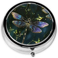 Pill Box 3 Compartment Round Small Pill Case Travel Pillbox for Purse Pocket Dragonfly Metal Medicine Organizer Portable Pill Container Holder to Hold Vitamins MedicationSupplements, Black