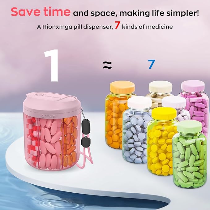 Pill Organizer with 7 Large Compartments, Pill Dispenser for Travel, Supplement Organizer with Anti-Mixing Design, BPA-Free Pill Container with 20 Pcs Labels, Pink