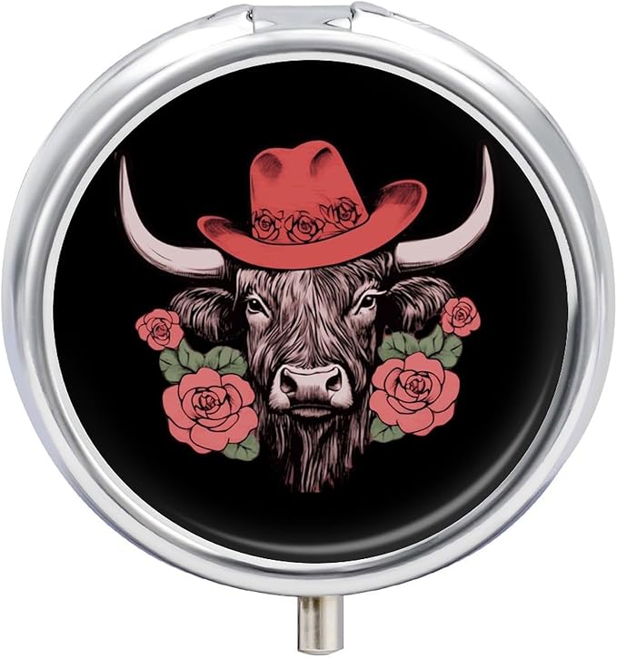 Highland Cow Round Pill Case Mini Pill Box Portable Medicine Organizer Pill Container for Travel