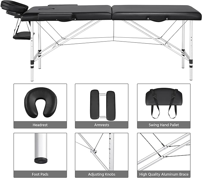 Yaheetech Aluminium 2 Folding Massage Table with Rolling Stool Portable Massage Bed Spa Bed Stool Adjustable Swivel Salon Chair Massage Therapy Table with Headrest & Armrest Black