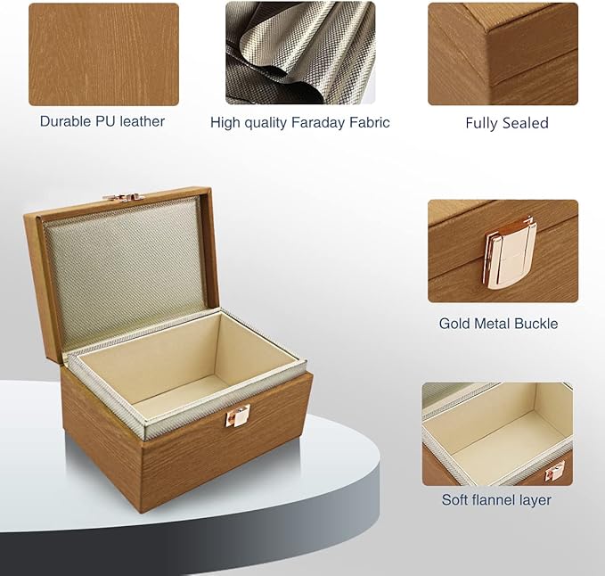 JXE JXO Faraday Box, 5.5x4.1x2.7 inches, RFID Signal Blocking Storage Box, Car Key Fob Protector, Modern Style, Imitation Wood, 1.3 lbs