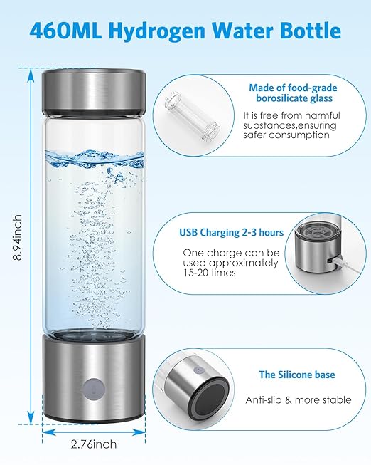 AMIR Portable Hydrogen Water Bottle, 460ml Hydrogenated Water Bottle Generator, Rechargeable Ionizer Machine with SPE/PEM Technology, 3-Min Quick Electrolysis, for Fitness, Travel, Home & Office