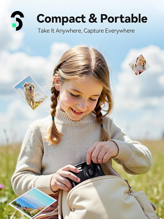 SOOMFON Digital Camera - Max 72MP Point and Shoot Kids Cameras with 16X Zoom, 32G TF Card, 2 Batteries and Card Reader, Compact Digital Camera for Kids Teens Beginners (Black)