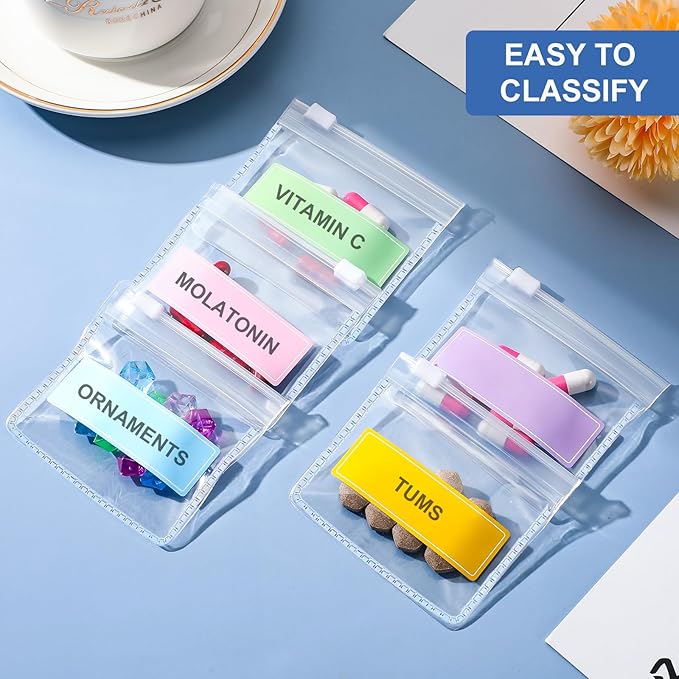 Meanplan 50 Pcs Pill Pouches Reusable Clear Zippered Pill Bag, Transparent PVC Toiletry Carry Pouch, 180 Pcs Waterproof Labels Stickers Travel Organizer Storage with Slide Lock for Small Items