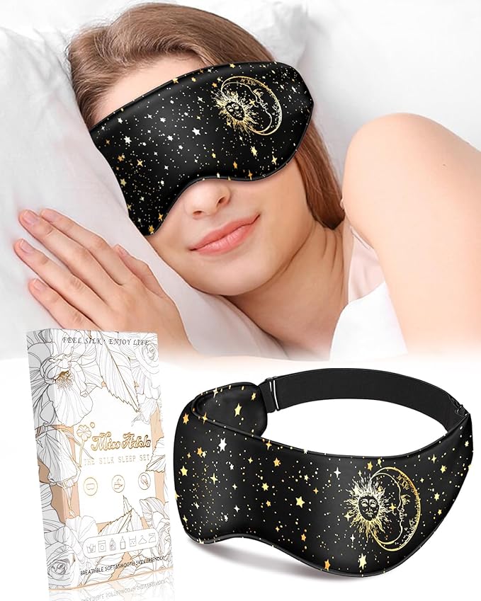 Silk Weighted Eye Mask - Microwave Eye Mask Heat and Cold Warm Compress for Sleeping Dry Eyes Pillow Soft Smooth Lavender Mulberry Silk Sleep Mask for Women Wife Mom - Black Sun Moon