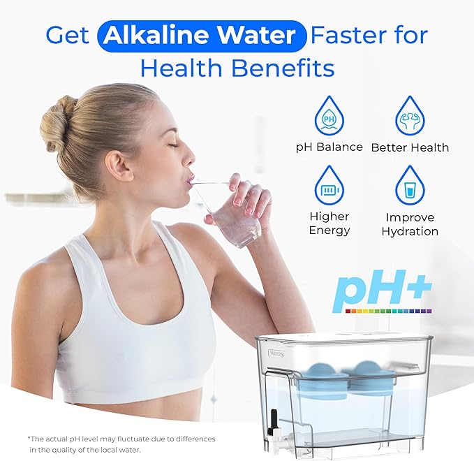 Waterdrop Alkaline 40 Cup Dual Filter Dispenser, 8X Faster Filtration, 200-Gallon Lifespan, Mineralized Alkaline Water, for Home/Office, 2 Built-in Filters, Reduces Chlorine, White