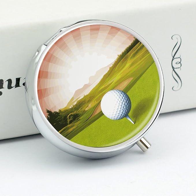 Golf Sport Pill Box Travel Pill Case for Purse Pocket Weekly Medicine Organizer with Mirror 3 Compartment Round Medicine Case Portable PillcaseHolder for Daily