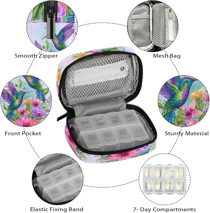 Spring Flowers Birds Pill Case Everyday Travel, 7 Day Weekly Medicine Pill Box Compact Portable Pills Bottle Organizer with Zipper for Daily Vitamin Medicine Holder Bottle Organizers Bag