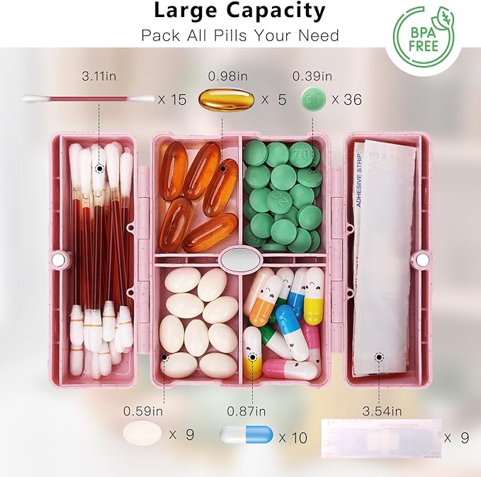 FYY Travel Pill Organizer with Blank Lables,6 Compartments Magnetic Pill Organizer Pill Box for Purse Pocket to Hold Vitamins,Cod Liver Oil,Supplements and Medication-Pink