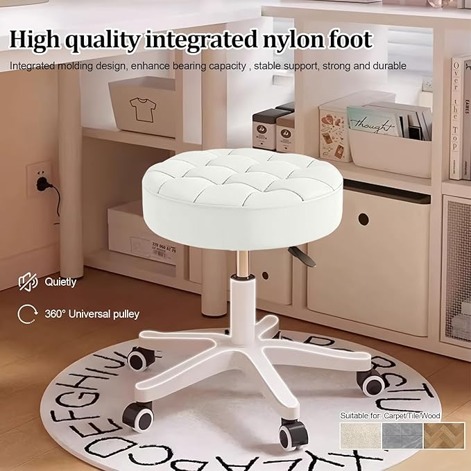 Small Rolling Stool with Wheels, PU Leather Height Adjustable Vanity Work Task Stool, 360 Swivel, Padded Seat Cushion,for Salon, Home, Office