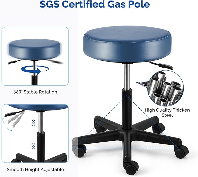 JMU Rolling Stool with Wheels, PVC Leather Large Seat, 400lbs Heavy Duty Adjustable Height for Dentists Healthcare (Seamist)