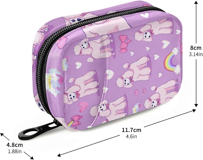 Purple Cute Poodles Hearts Rainbows Ribbons Travel Pill Organizer Case Box Container Weekly Portable Vitamin Medicine Holder Storage Bag with Zipper Removable