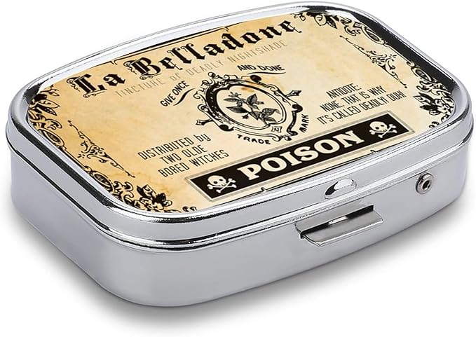 Metal 2 Compartment Pill Organizer Travel Friendly Portable Compact Box Cute Case to Hold Vitamin/Tylenol/Fish Oil/Supplements/Meds/Tablet for Purse/Pocket (Vintage Poison), 1.97x0.79x0.39''