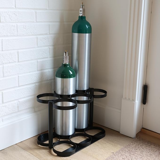 AireMed Oxygen Tank Holder – Holds (6) E, D or M9/C Size Tanks - Heavy-Duty Oxygen Cylinder Rack for Storage and Transportation – Floor Mountable Oxygen Rack – Stylish Black Frame - 4.5" Diameter