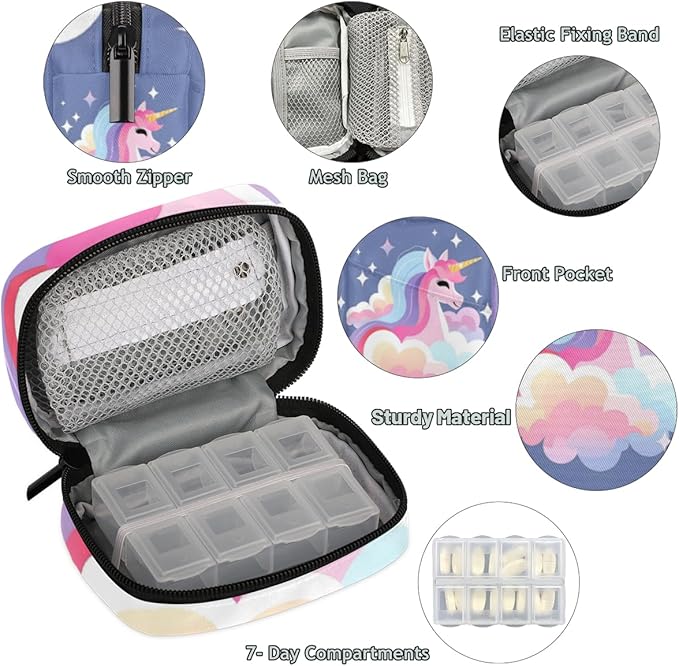 Cute Unicorn Prints Travel Pill Organizer Bag Portable Weekly Pill Box Travel Medicine Organizer 7 Day Pill Case with Zipper for Daily Travel Family Business