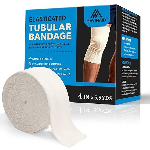 Latex-Free Elasticated Tubular Support Bandage with Stockinette Fabric, Breathable Tubular Compression Sleeve for Joint & Tissue Support on Arms, Knees, Legs (4" x 5.5 Yards) Size F