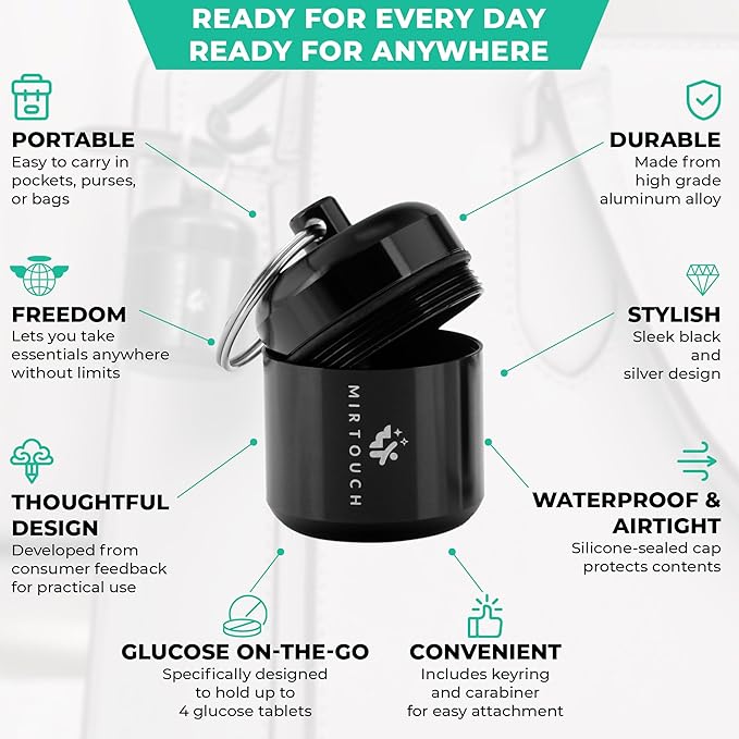GlucoPod - Portable Keychain Pill Holder Case for Emergency Glucose Tablets & Critical Meds Discreet Waterproof for Travel Bags Pocket Purse GlucoTab Carrier with Carabiner Each Holds up to 4 Tabs 2pk
