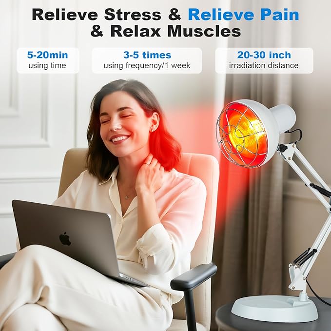 Profey Infrared Red Light Therapy with Timer, Heat Lamp Device with 150W Bulb, Adjustable Near Infrared Light Heat Lamp Set for Body Neck Shoulder Joints Back Pain Relief, for Home & Office (White)