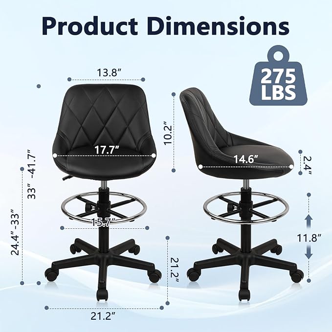 Small Rolling Stool with Backrest - 360° Swivel Chairs with Wheels, Adjustable Height Footrest Armless Vanity Chair, Thickened Seat Cushion Stool Chairs for Spa, Shop, Salon, Massage, Black, 1 Pack