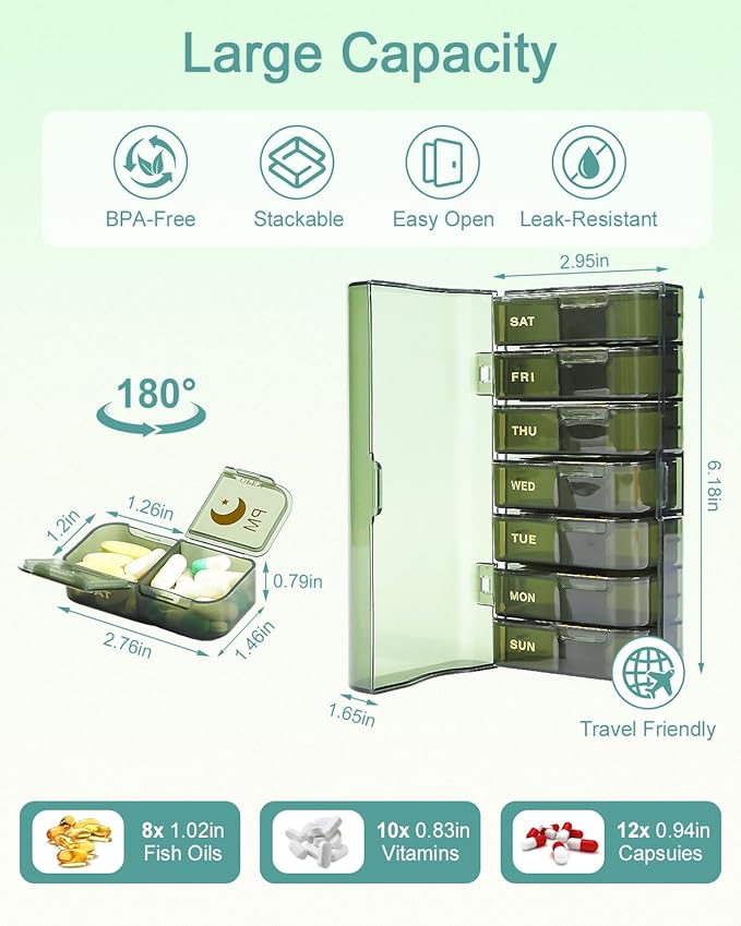Weekly Pill Organizer 2 Times a Day (AM/PM), Large Capacity 7 Day Medication Organizer, BPA-Free Green Pill Box for Vitamins, Fish Oil & Supplements