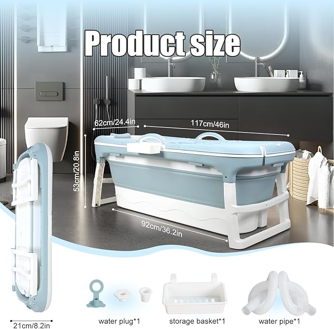 Portable Bathtub, 58/56/50/46 Inch Collapsible Bathtub, Freestanding Foldable Bathtub for Adults, Folding Tub for Shower, Hot Bath, Ice Bath Blue-B-120cm