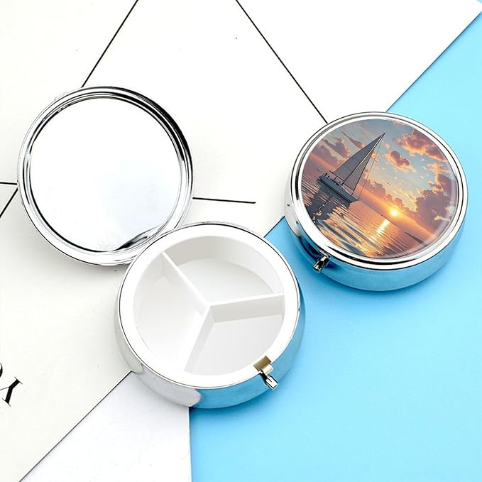 Sailboat and Sunset Pill Box Travel Pill Case for Purse Pocket Weekly Medicine Organizer with Mirror 3 Compartment Round Medicine Case Portable PillcaseHolder for Daily