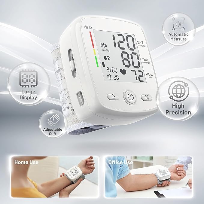 Blood Pressure Monitor Digital Wrist BP Machine Automatic BP Cuff (5.3 to 7.7 in) with 2 Users 180 Memory Voice Large LCD Display Adjustable Cuff USB Charging Carrying Case,White