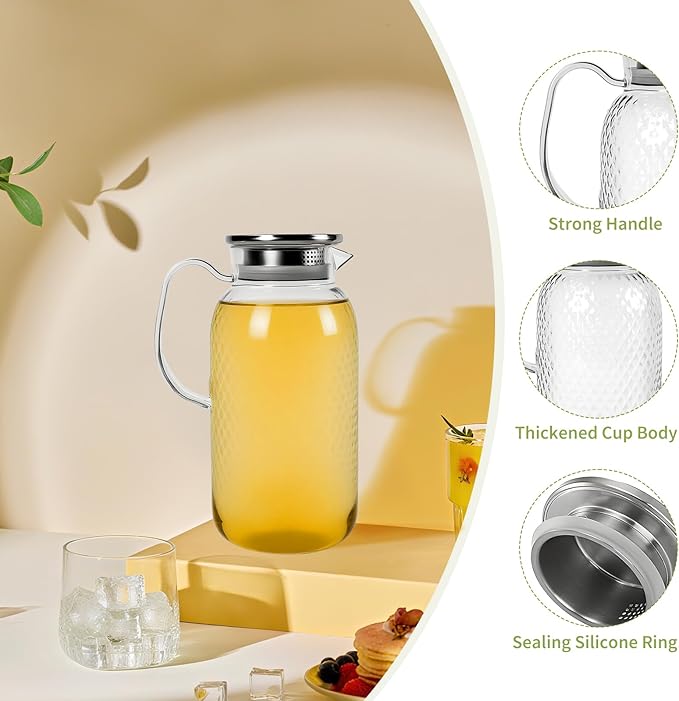 2 Pack Plastic Pitcher with Lid and Handle, 60 oz Clear Water Jug, BPA-Free Ice Tea Pitchers for Lemonade, Milk, Juice, Home, Office