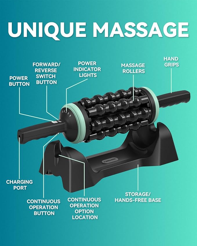 Electric Rolling Percussive Massager, Back Leg Foot Psoas Muscle Roller Massage Tool with Hands-Free Base, Deep Tissue and Muscle Recovery Rechargeable Roller Stick for Whole Body Relief