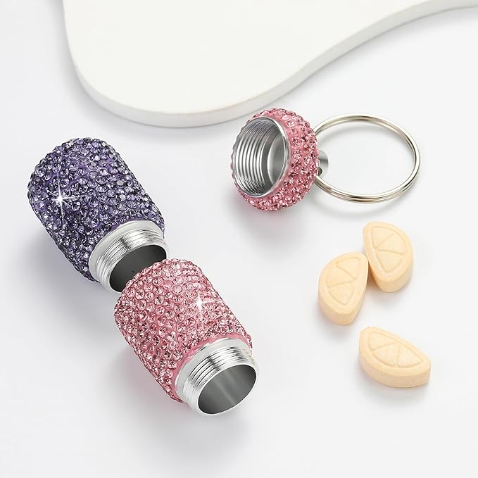 Bling Pill Case Portable Travel Pill Container Bottle Rhinestone Waterproof Small Pill Holder with Keychain Cute Mini Pill Storage Box for Outdoor Camping Case (Pink-Purple)