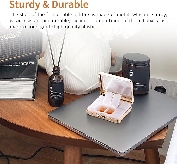Portable Metal Travel Medicine Box with a Mirror / 8 Compartments (Gold)