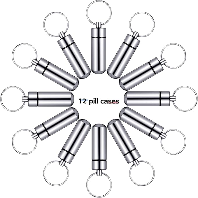Patelai 12 Pcs Portable Keychain Pill Holder Mini Pocket Pill Case for Men Women Aluminum Geocache Containers Waterproof Metal Medicine Bottle Organizer for Outdoor Camping Travel(Silver)