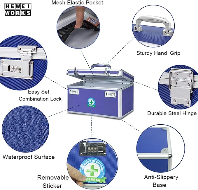 Lockable Medication Box with Portable Storage Case, 14.2''x 7.2''x 8.2'', Childproof Medicine Lock Organizer, Locked Empty First Aid Storage Case (Blue/Large)